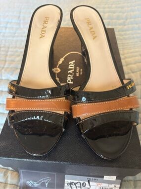 Prada Black and Brown Patent Leather Slide Mules